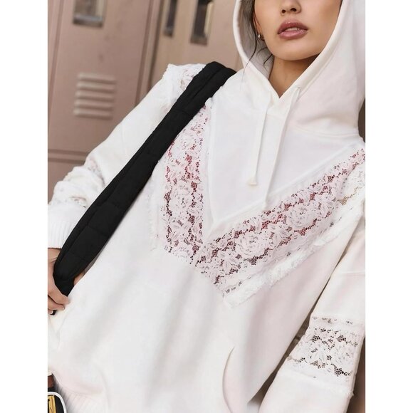 Women's Cotton Lace Eyelet Hoodie Ruffle Long Sleeve Kangaroo Pocket - Picture 2 of 4